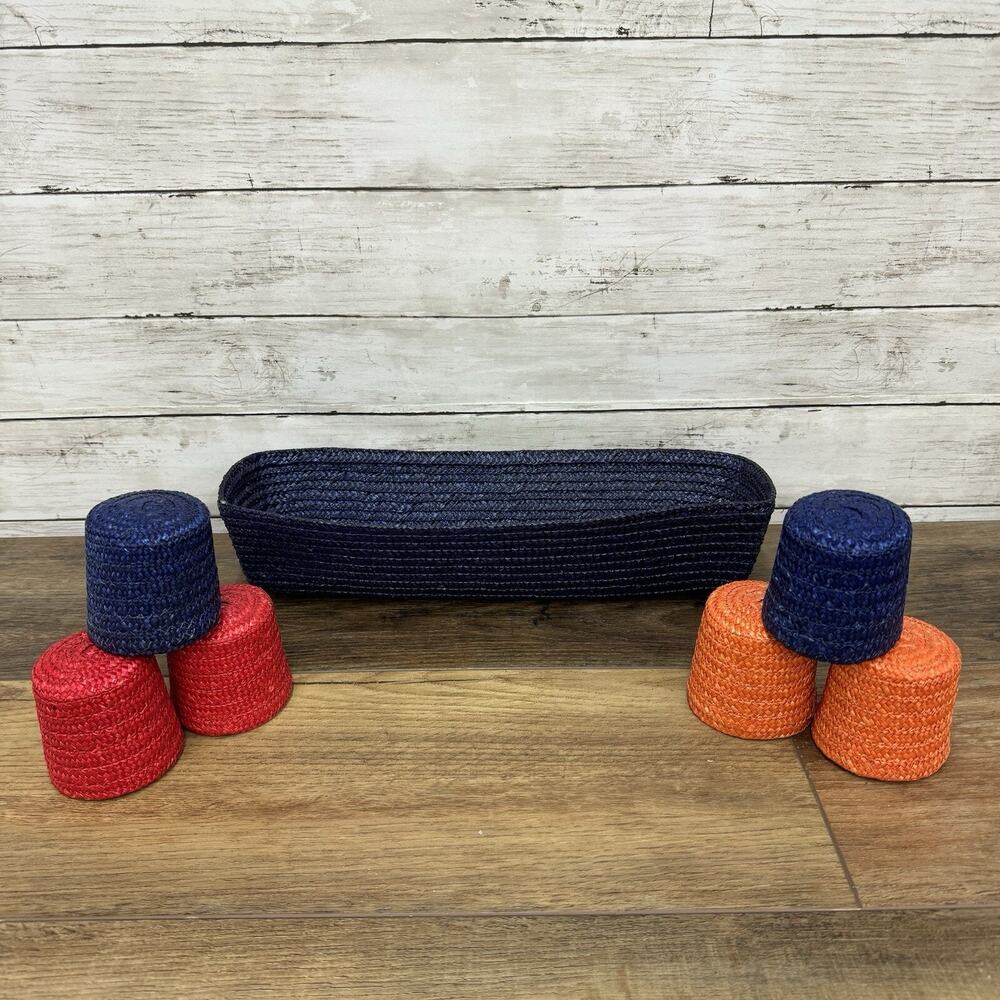 Rosenthal Netter Woven Rectangle Basket Blue With 6 Cups Red Orange Blue